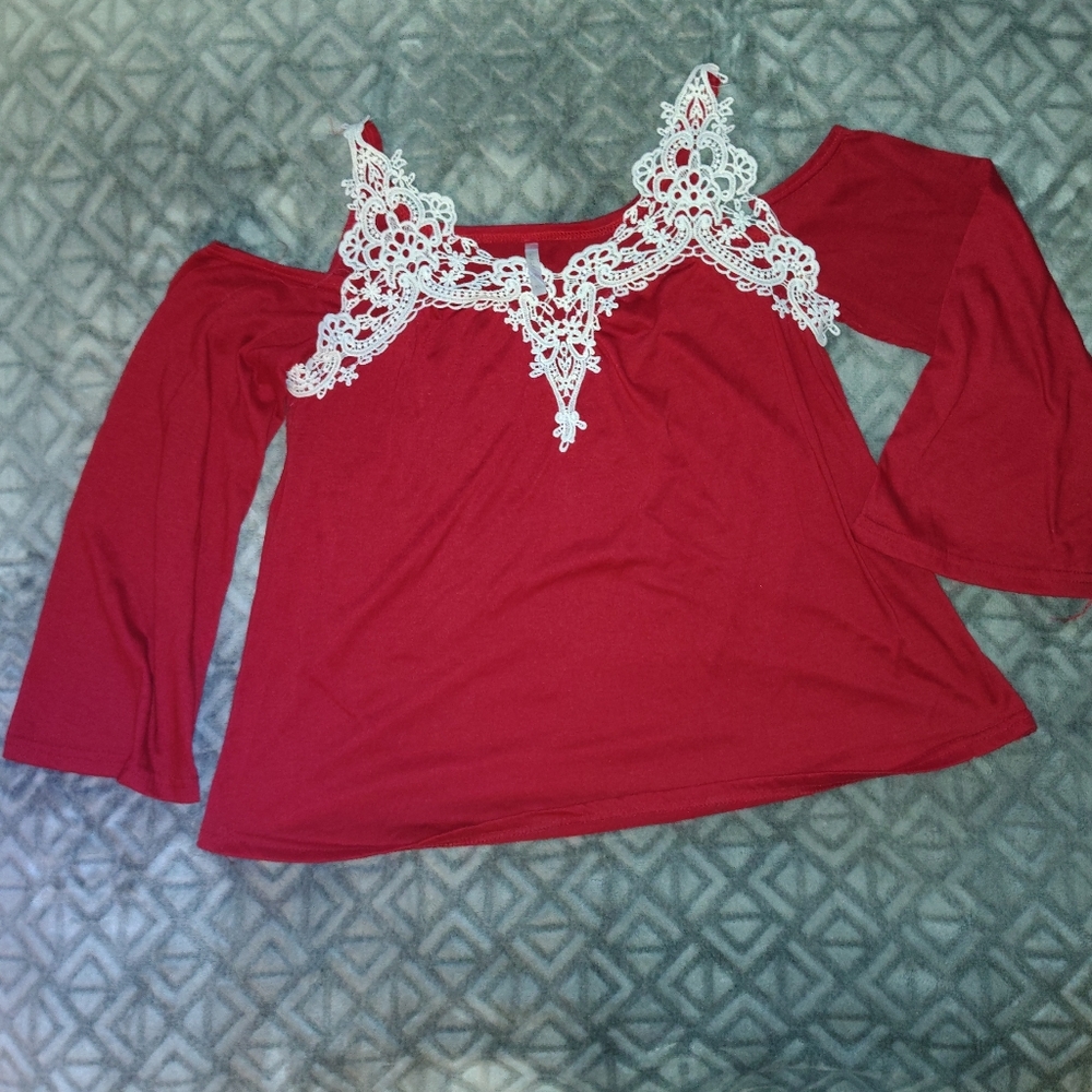 Lucky Brand Red Top with White Crochet Detail